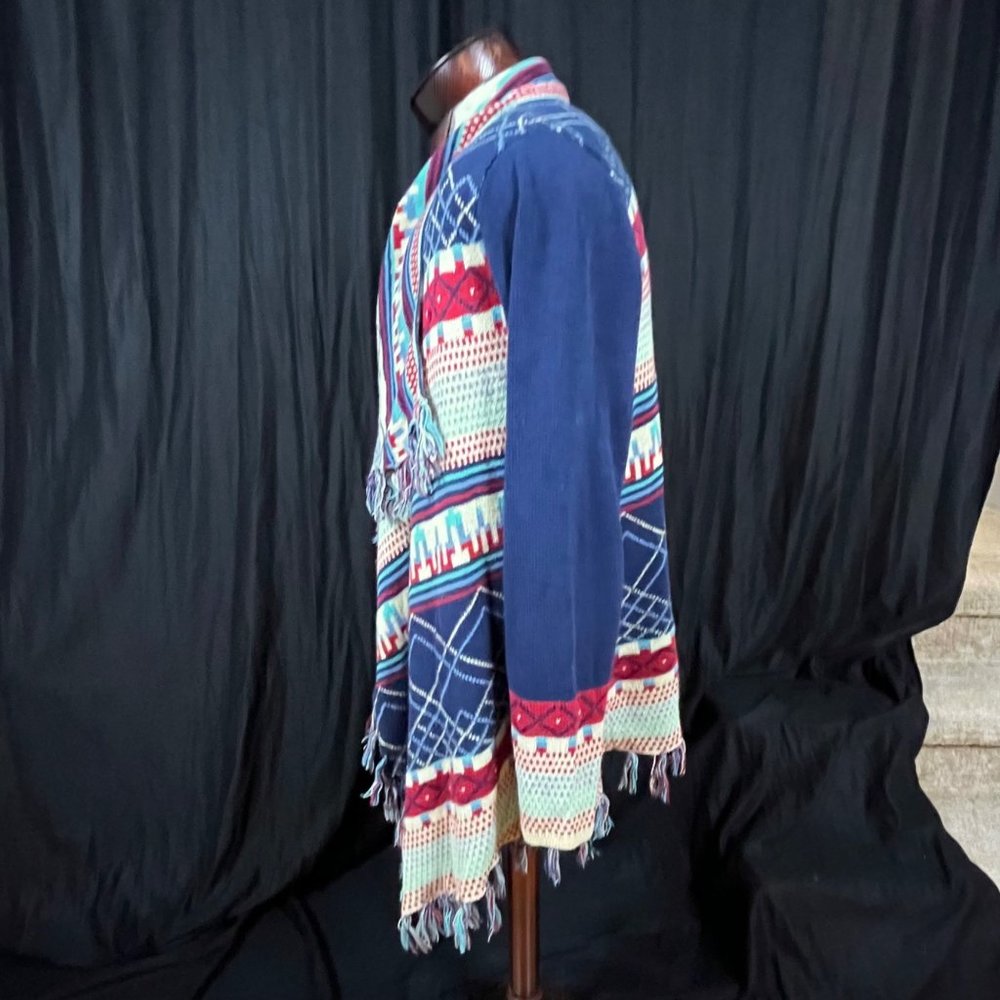 Wrangler Blanket Sweater Cardigan Southwest Geometric Plaid‎ Design Fringe Sz LG - Picture 2 of 8